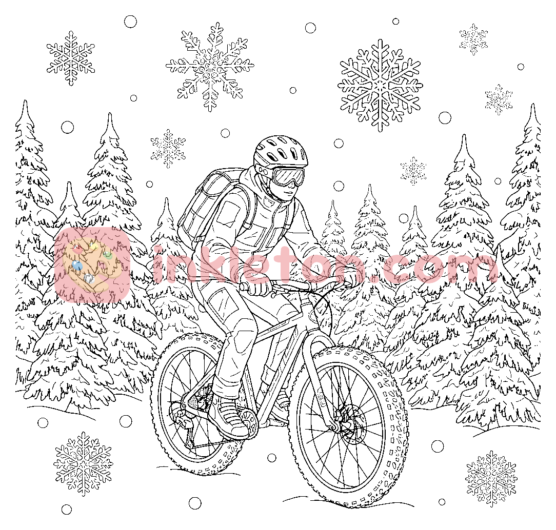 Página para colorear de Snowy Pine Fat-Bike Trail para imprimir