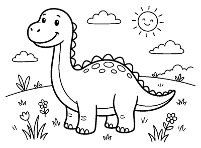 Friendly Dinosaur in a Sunny Field coloring page to print