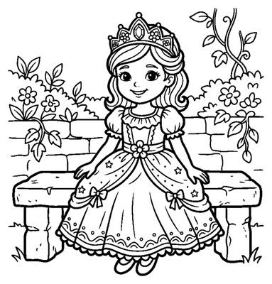 Prinzessin sitzt auf einer Gartenbank Malvorlage zum Ausdrucken