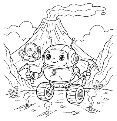 Página para colorear de Robot geólogo en el volcán para imprimir