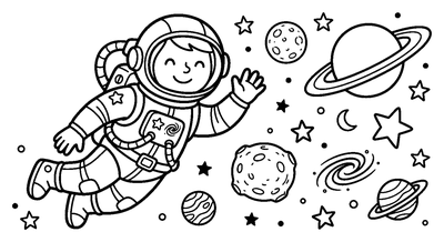 Página para colorir de Astronauta a Flutuar Entre Planetas e Estrelas para imprimir