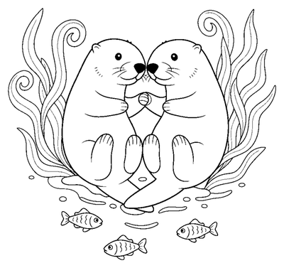 Two Sea Otters Holding Paws coloring page to print