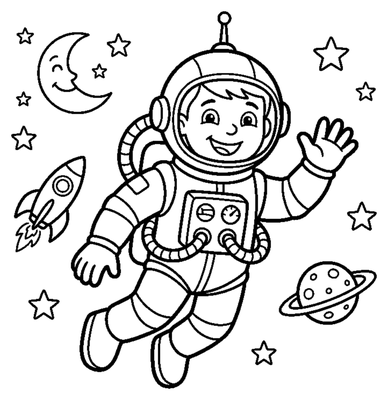 Página para colorear de Astronauta feliz saludando en el espacio para imprimir