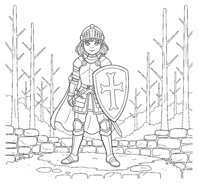 Page de coloriage Jeune chevalière sur les remparts du château à imprimer