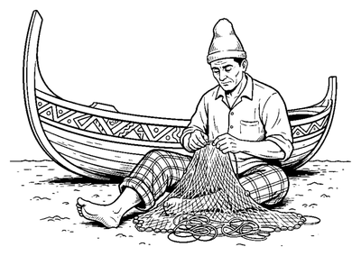 Fisherman Mending a Net on the Beach coloring page to print
