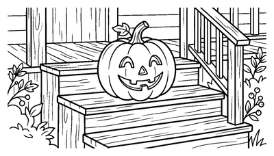 Jack-o'-Lantern on Wooden Porch Steps coloring page to print