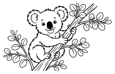 Lächelnder Koala auf einem Eukalyptusast Malvorlage zum Ausdrucken