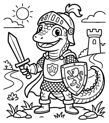 Lizard Knight Guarding a Toy Castle coloring page to print