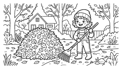 Child Raking Autumn Leaves in the Backyard coloring page to print
