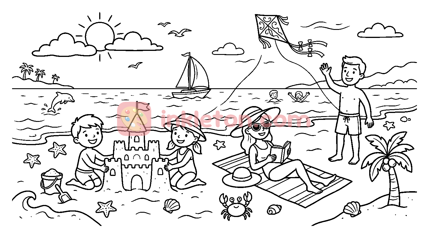 Family Fun Day at the Beach coloring page to print