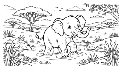 Babaolifant in een Savannevijver kleurplaat om af te drukken