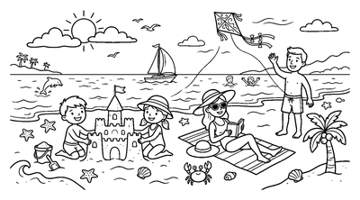 Family Fun Day at the Beach coloring page to print