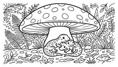 Three Lizards Under a Large Mushroom coloring page to print