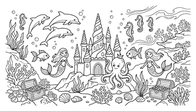 Unterwasserschloss mit Meerjungfrauen und Meereslebewesen Malvorlage zum Ausdrucken