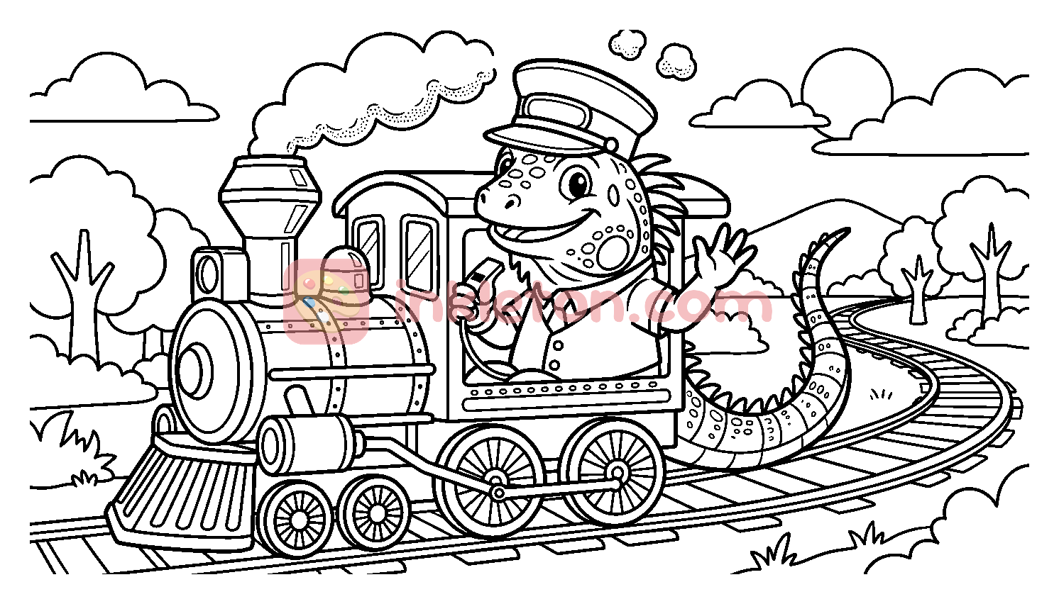 Lizard Conductor on a Steam Train coloring page to print