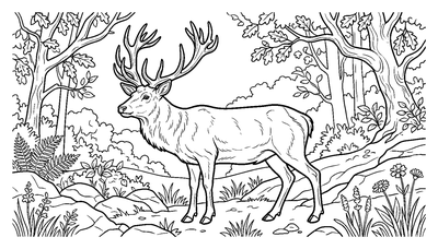 Page de coloriage Cerf élaphe dans une forêt à imprimer