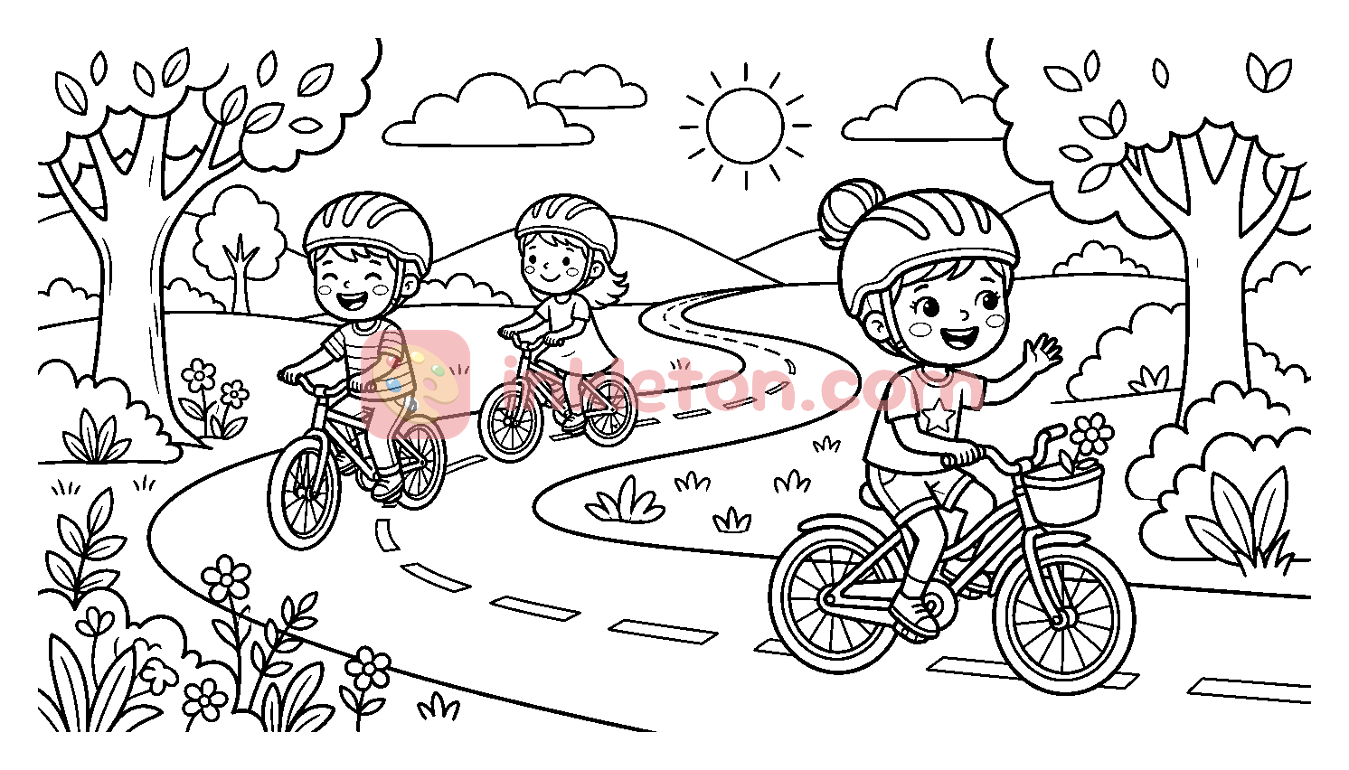 Children Riding Bicycles on a Park Path coloring page to print