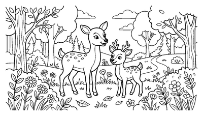 Two Deer in a Flowery Forest Clearing coloring page to print