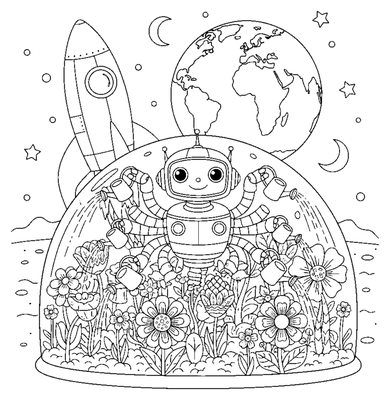 Kolorowanka Ogród botaniczny „Moon Base” do druku