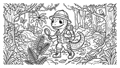Lizard Explorer in the Jungle coloring page to print