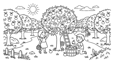 Children Picking Apples in an Orchard coloring page to print