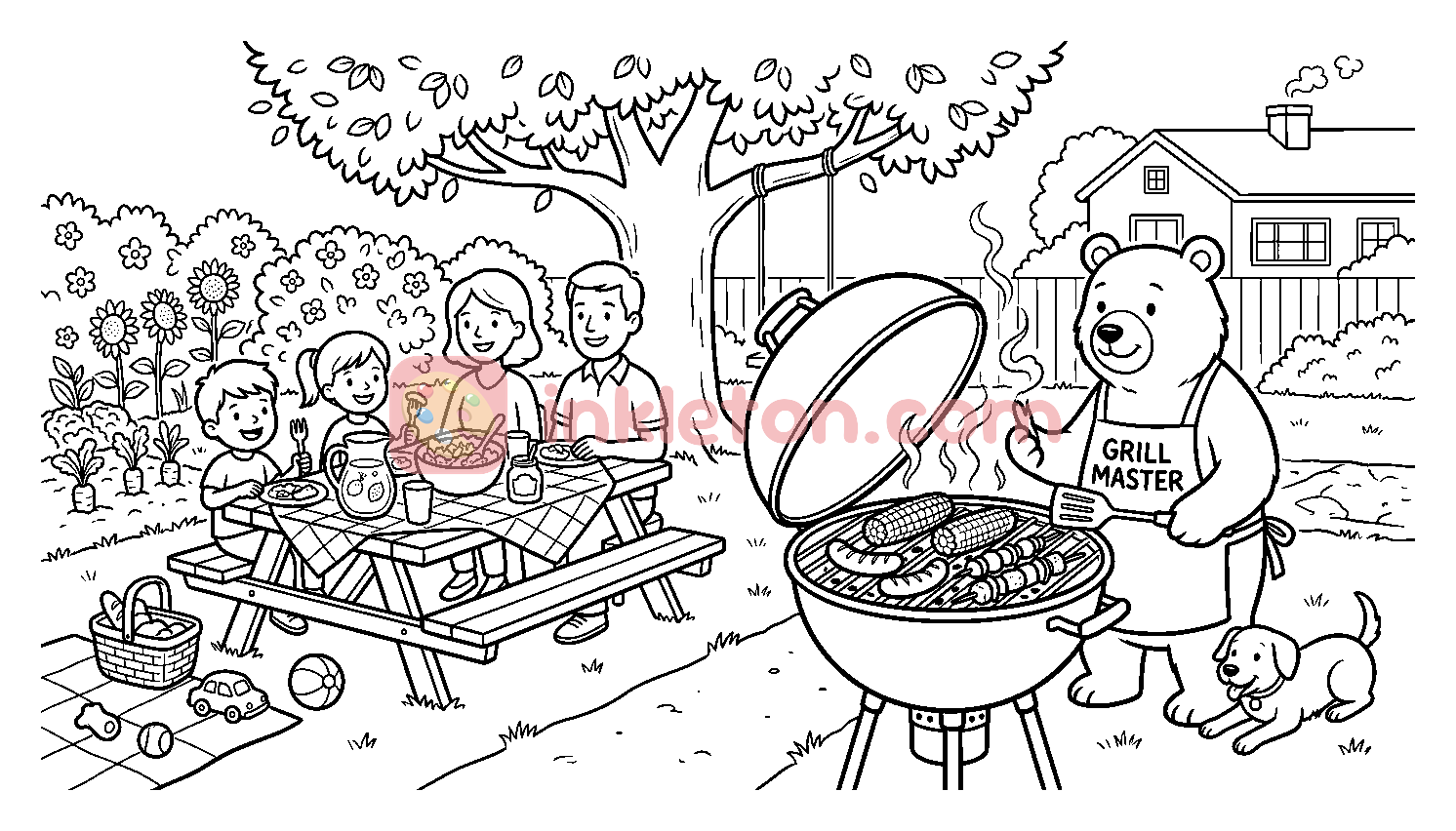 Friendly Bear Grilling for a Family Picnic coloring page to print