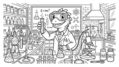Lizard Scientist in a Laboratory coloring page to print