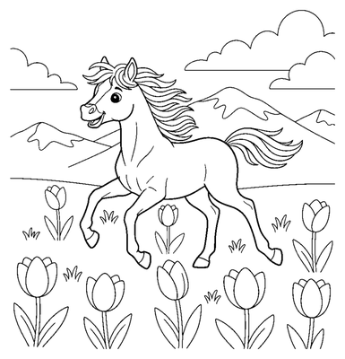 Foal Running through Tulips