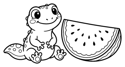 Cute Gecko with a Watermelon Slice coloring page to print