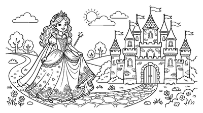 Princess in Front of a Castle coloring page to print