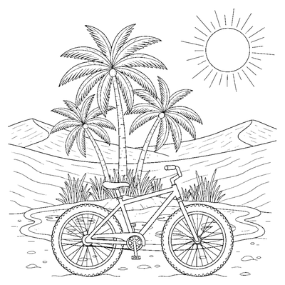 Page de coloriage Aventure en vélo sur sable dans l'oasis du désert à imprimer