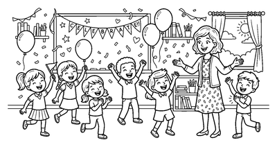 Teacher and Students Celebrating in Classroom coloring page to print