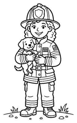 Firefighter Holding a Puppy coloring page to print