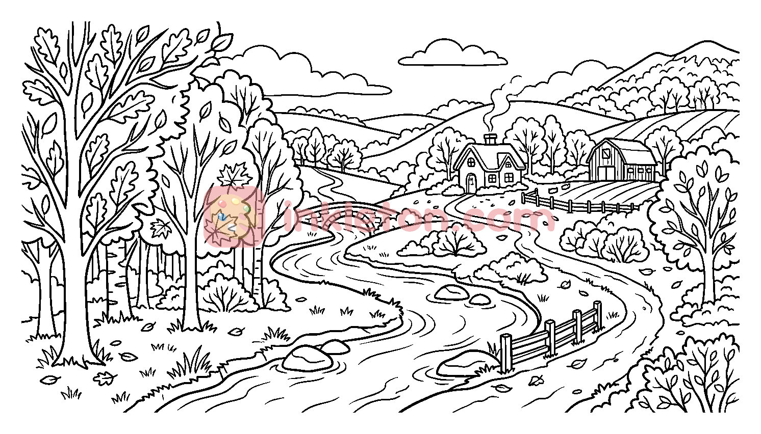 Scenic Countryside with River and Cottage coloring page to print