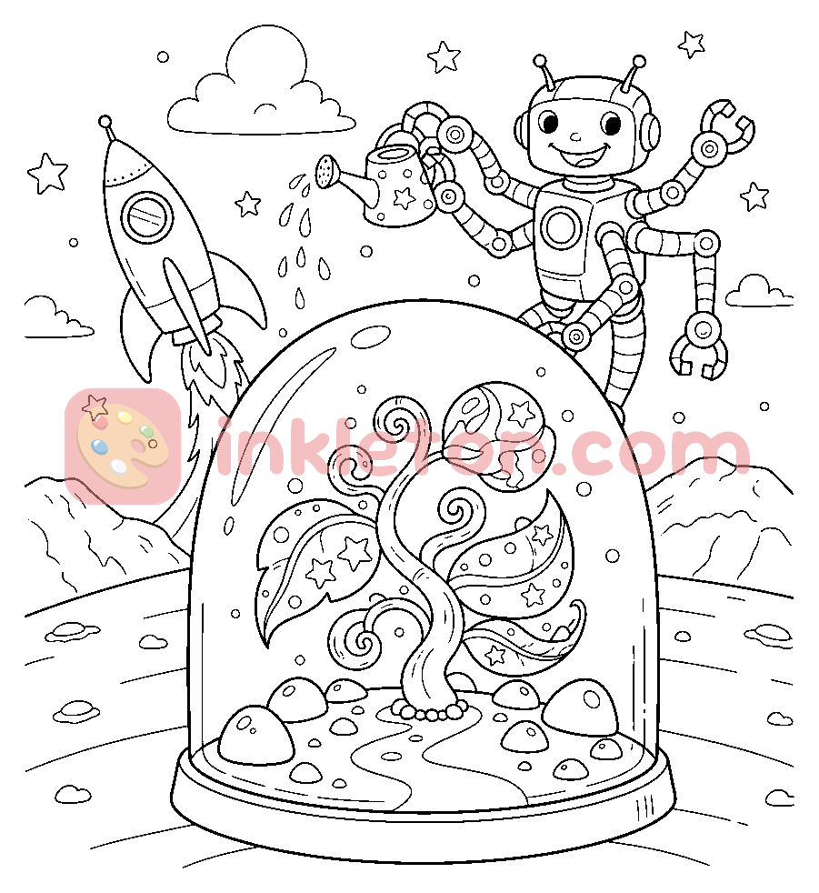 Page de coloriage Robot arrosant une plante sur Mars à imprimer