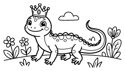 Cute Lizard Wearing a Crown coloring page to print