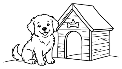 Página para colorir de Cachorrinho Feliz ao Lado de uma Casinha de Cão para imprimir