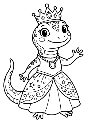 Cute Lizard Princess Wearing a Crown coloring page to print
