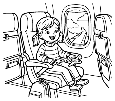Página para colorir de Menina Feliz num Avião para imprimir