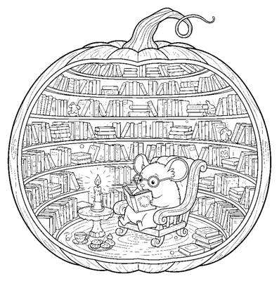 Página para colorear de La biblioteca de calabazas del ratón para imprimir