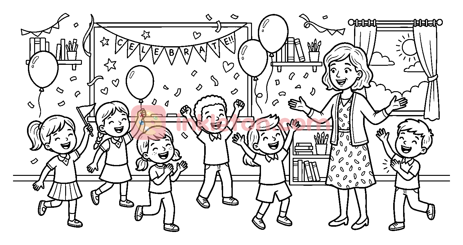 Teacher and Students Celebrating in Classroom coloring page to print