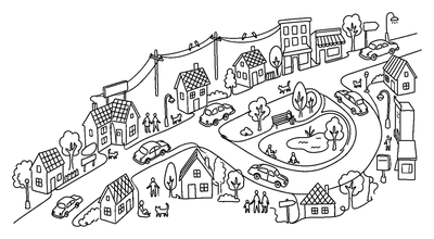 Charming Little Town with Park and Houses coloring page to print