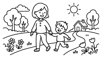 Mother and Son Walking on a Sunny Day coloring page to print