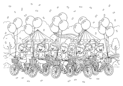 Pagina da colorare Parata di biciclette per il compleanno da stampare
