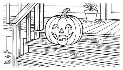 Lachende Jack-o'-Lantern op de Veranda Trappen kleurplaat om af te drukken