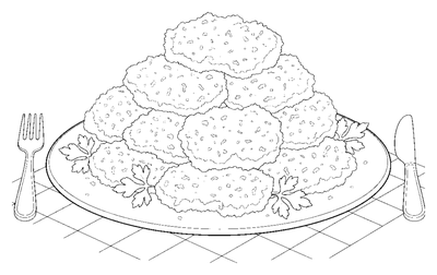 Ein Teller mit goldenen Bacalhau-Krapfen Malvorlage zum Ausdrucken