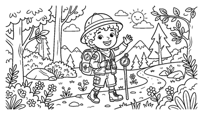 Young Boy Explorer Hiking on a Forest Trail coloring page to print