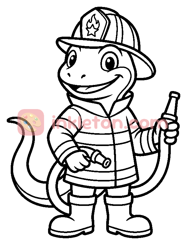 Lizard Firefighter with a Hose coloring page to print