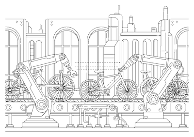 Página para colorear de Robot Factory Bike Build para imprimir