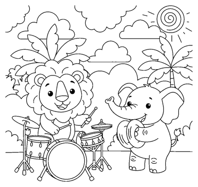 Animals Playing Musical Instruments on a Savanna Stage coloring page to print